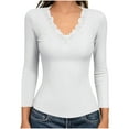 thumbnail image 3 of Ribbed Long Sleeve T Shirts for Womens Slim-fit Sexy Lace V Neck Blouses Stretchy Fitted Outdoor Y24K Tops, 3 of 7