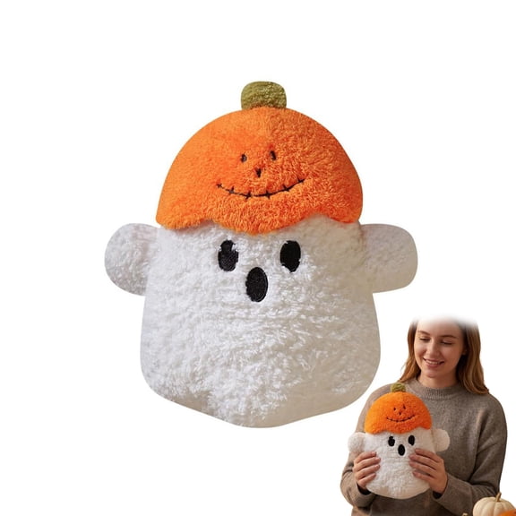 Ghost Cushion with Pumpkin Hat Plush Halloween Pillow with White and Orange finish, 1 Cushion for