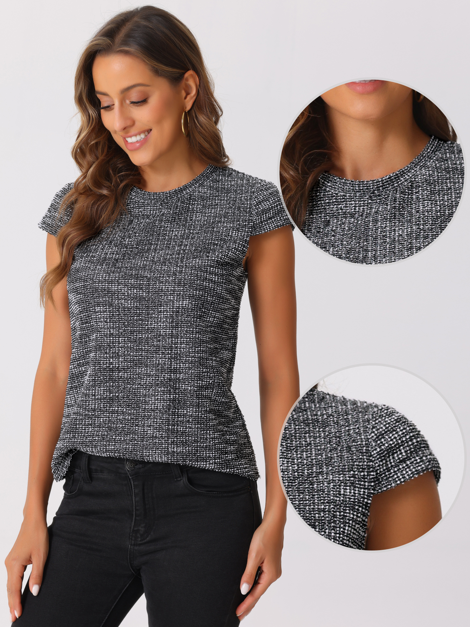 DARING DIVA Women's Tweed Plaid Short Cap Sleeve Casual Blouses M Black