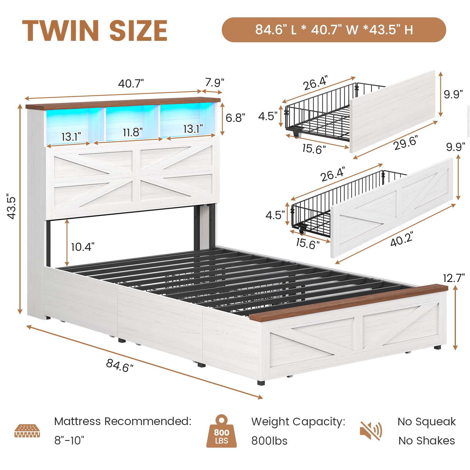 Twin Bed Frames with 5 Drawers, Farmhouse Bed Frame with Barn Door Headboard and Storage, Wood Platform Bed Frame Twin Size with Charging Station and LED Lights, No Box Spring Needed, White