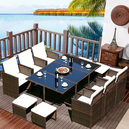 - Costway 11 PCS Outdoor Patio Dining Set Metal Rattan Wicker Furniture Garden Cushioned