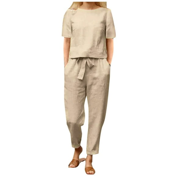 UJNDER Women Summer Solid Color Casual Cotton and Linen Short Sleeve Round Neck Loose Wide Leg Pants Suit Pant Suits for Women Khaki XXXXL