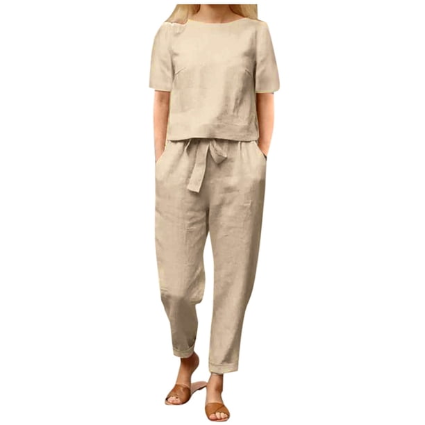 Conjunto de dos piezas de algodón y lino para mujer para el verano: camiseta de manga corta y pantalones anchos, traje informal holgado - S-XXXXXL