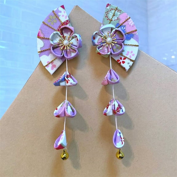 1 Pair Tassel Hair Clip Flower Fan Hairpins Women Barrette Hair Accessories in Japanese Style