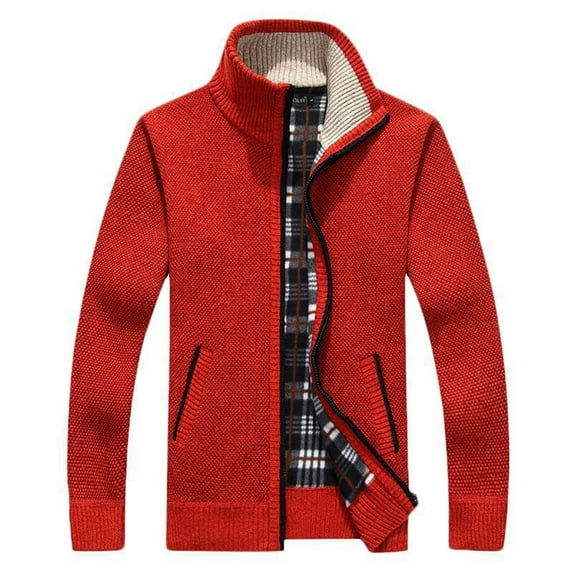 VSSSJ Men's Stand Collar Plush Knitted Sweater Coats Plus Size Solid Color Zip Up Long Sleeve Jackets Winter Warm Windproof Comfortable Ourwear Red M