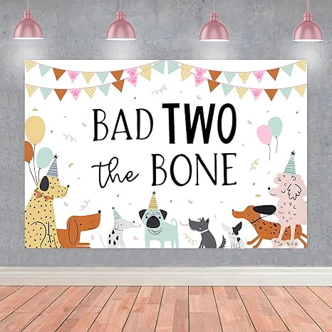 Bad Two the Bone Decorations, Dog 2nd Birthday Party Decorations Backdrop Banner for 2 Year Old Puppy Themed Birthday Party Photography Background