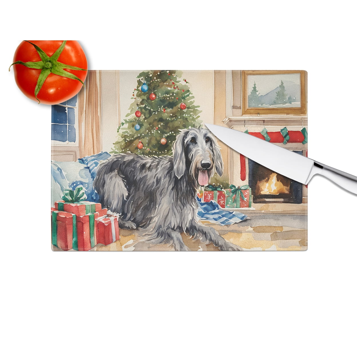 Scottish Deerhound Cozy Christmas Glass Cutting Board Large 12 in x 15 in