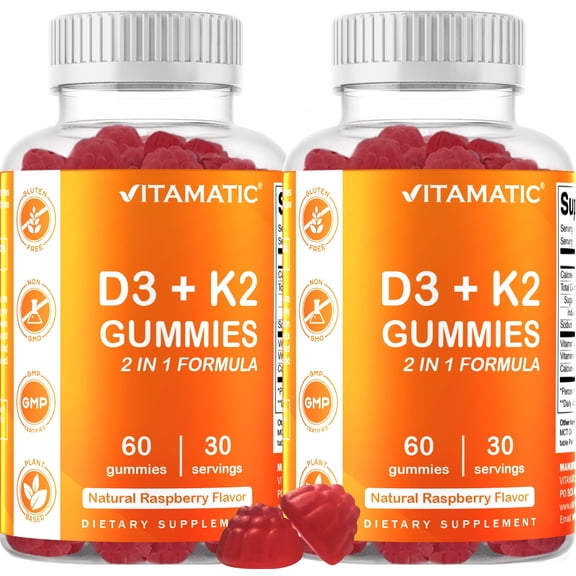 2 Pack - Vitamatic Vitamin D3 K2 Gummies - 60 Count - Supports Healthy Bone, Heart & Calcium Absorption, & Immune Health - Plant Based, Non-GMO, Gluten Free