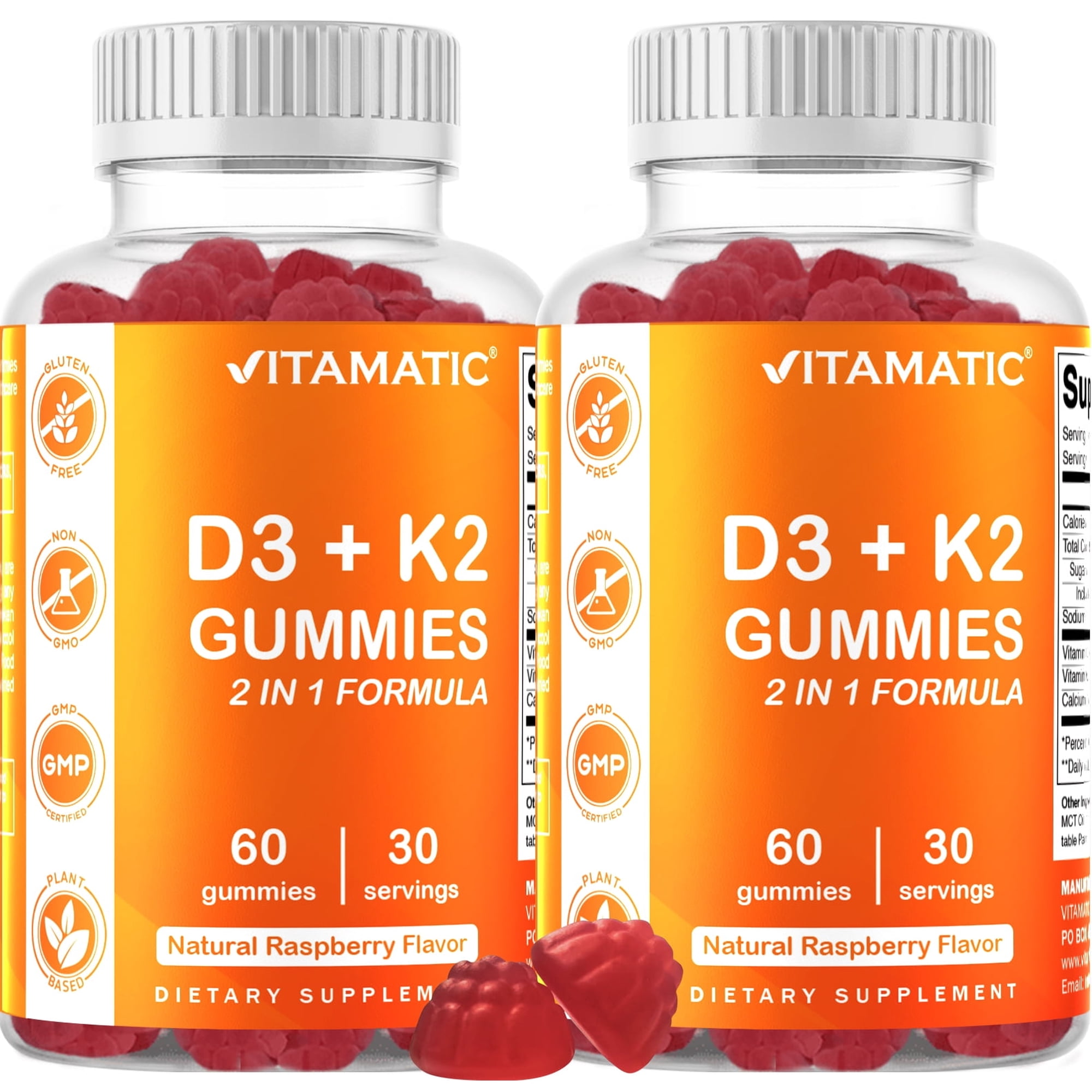 2 Pack - Vitamatic Vitamin D3 K2 Gummies - 60 Count - Supports Healthy Bone, Heart & Calcium Absorption, & Immune Health - Plant Based, Non-GMO, Gluten Free