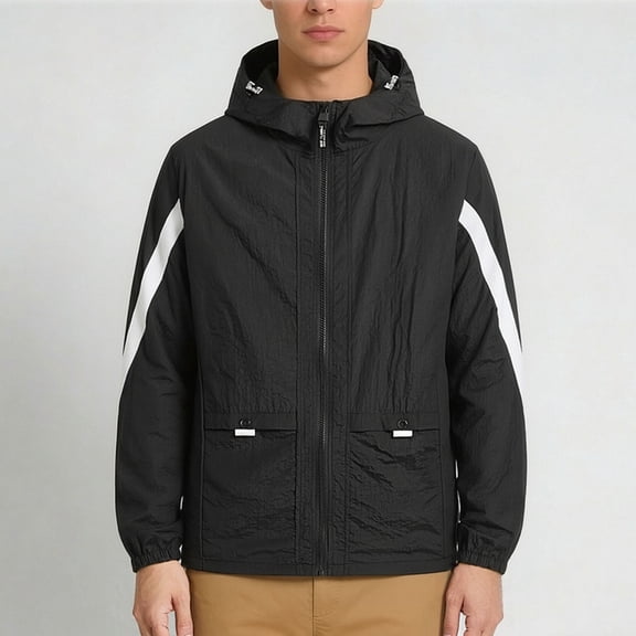 GUZOM Mens Lightweight Hooded Windbreaker Jacket Water Resistant Nylon Spandex Full Zip Active Outdoor Jacket with Striped Sleeves Black,Size L