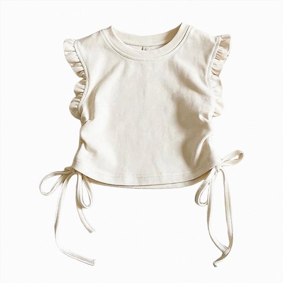 KPOPLK Toddler Baby Girl Ruffle Short Sleeve Shirts Little Kids Summer Crew Neck Crossback Blouse 9M-10Y Size 5-6 Years,Beige