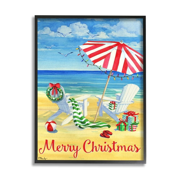 Stupell Industries Coastal Merry Christmas Holiday Painting Black Framed Art Print Wall Art, 24 x 30