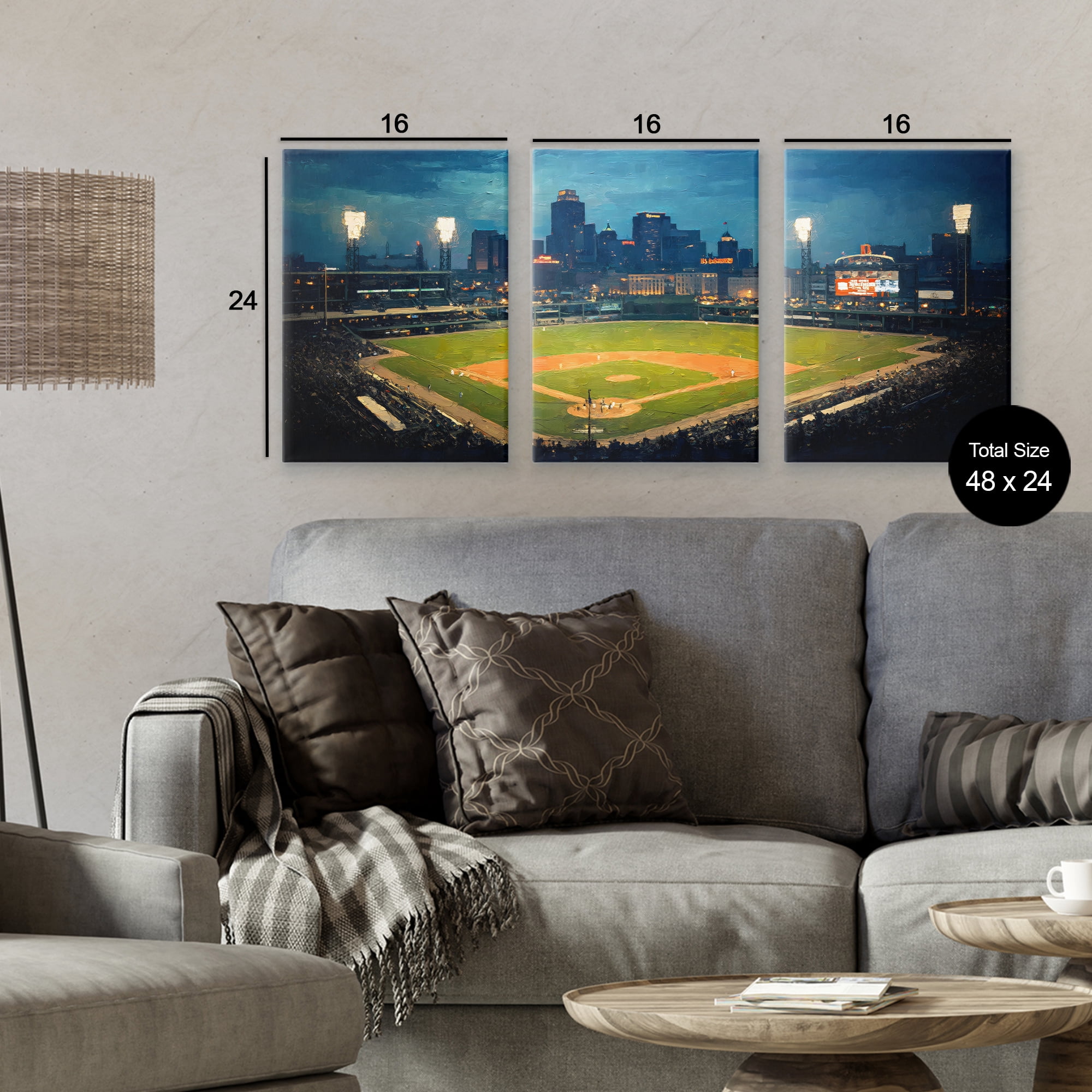 Stupell Industries Baseball Stadium Night View 3 Piece Canvas Wall Art Set, design by Arlington Prints