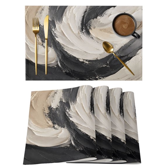 Abstract Geometric Art Placemats Set of 6,Wipeable Washable Table Mats for Dining Tables, Ombre Beige Black Wavy Place Mats for Kitchen Event Party Tabletop Decor