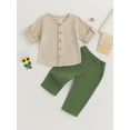 thumbnail image 2 of Wassery 2Pcs Baby Boy Fall Outfits Set Short Sleeve Button Down Shirt + Pants Set 6M 12M 18M 2T 3T 4T Toddler 2PCS Casual Cotton Linen Clothes, 2 of 9