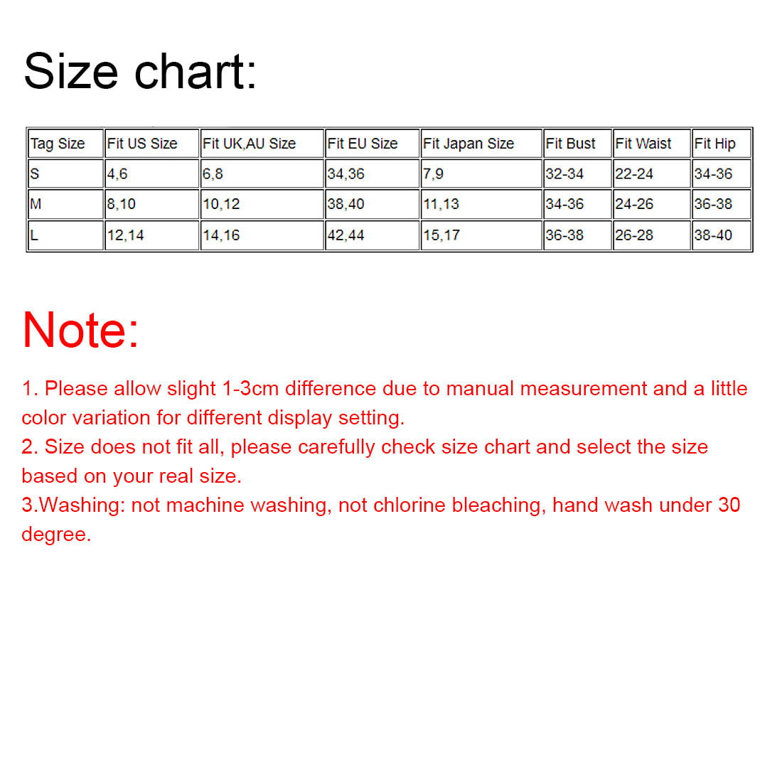 Vanilla Beach Swimwear Size Chart