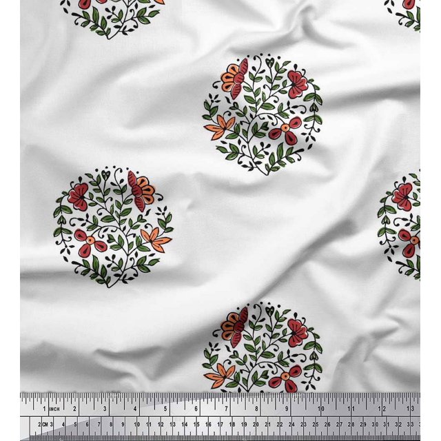 Soimoi Satin Silk Fabric Leaves & Floral Block Print Fabric by The Yard 42 Inch Wide