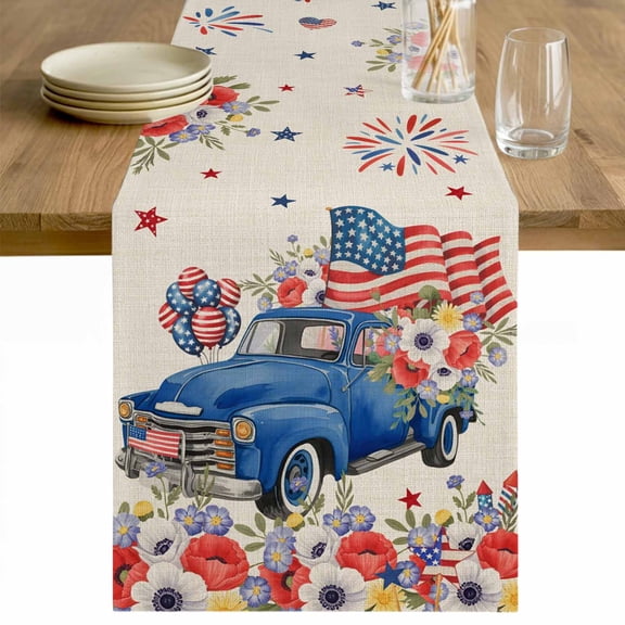 Independence Day Table Runner 48 Inches Long Farmhouse Dress Scarves, Patriotic Truck Usa Flag Firework Floral Dining Tablerunner for Coffee Table/Kitchen Island/Party Décor, 13" x 48"