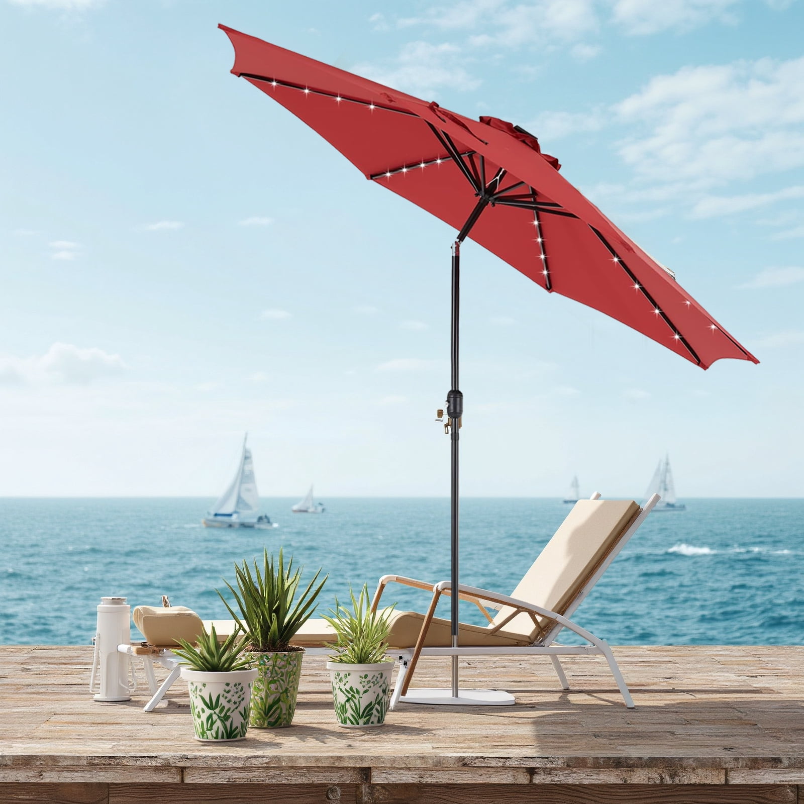 Blorly 10FT Solar Patio Umbrella with 32 LED Lights, Outdoor Umbrellas with Push Button Tilt and Crank, Tilting Table Umbrella with 8 Sturdy Ribs for Market, Beach, Red
