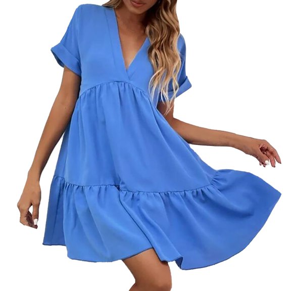 Dpytoraw Women's Ruffles Fresh And Sweet V Neck Solid Color Large Swing Casual Skirt Dress