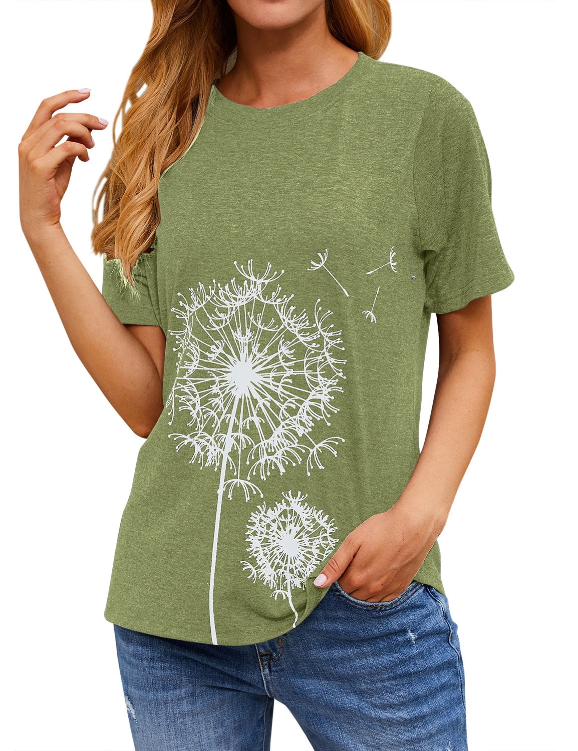 正規店仕入れの ZXSXSY Women Crew Neck Short Sleeve Dandelion Printed Top トップス
