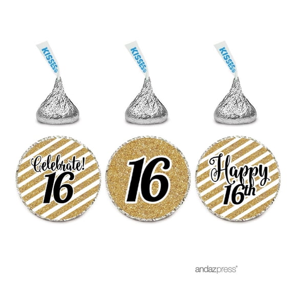Milestone Chocolate Drop Labels Trio, Fits Hershey's Kisses Party Favors, 16th Birthday, 216-Pack, Not Real Glitter