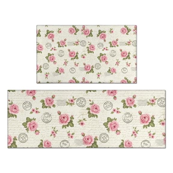 Pioneer Flower Floral Print Pattern Kitchen Rugs Sets Of 2, Anti Fatigue Non Slip Washable Floor Mats for Kitchen Sink Laundry, 17X30 Inch 17X47 Inch