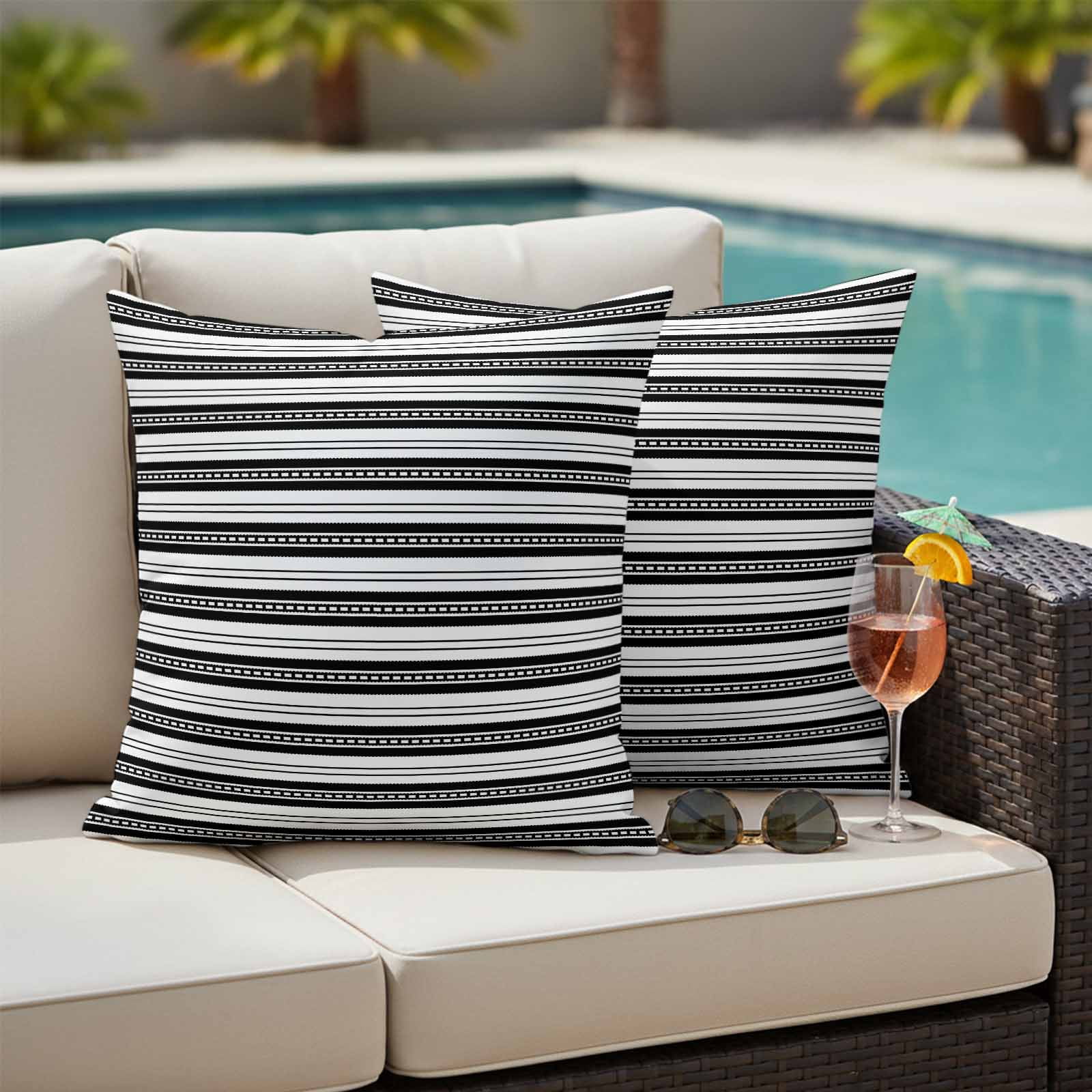 Boho Black Stripe Outdoor Waterproof Pillow Covers, Abstract Geometric White Minimalist Decorative Square Throw Pillowcase Sofa Cushion Sham for Patio/Couch/Chair, 20"x20" 2 Pack