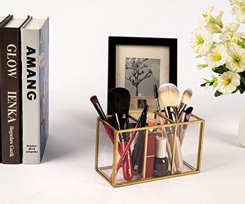 Acrylic Pen Holder 3 Compartments, Gold Pencil Organizer Cup for Countertop Desk Accessory Storage