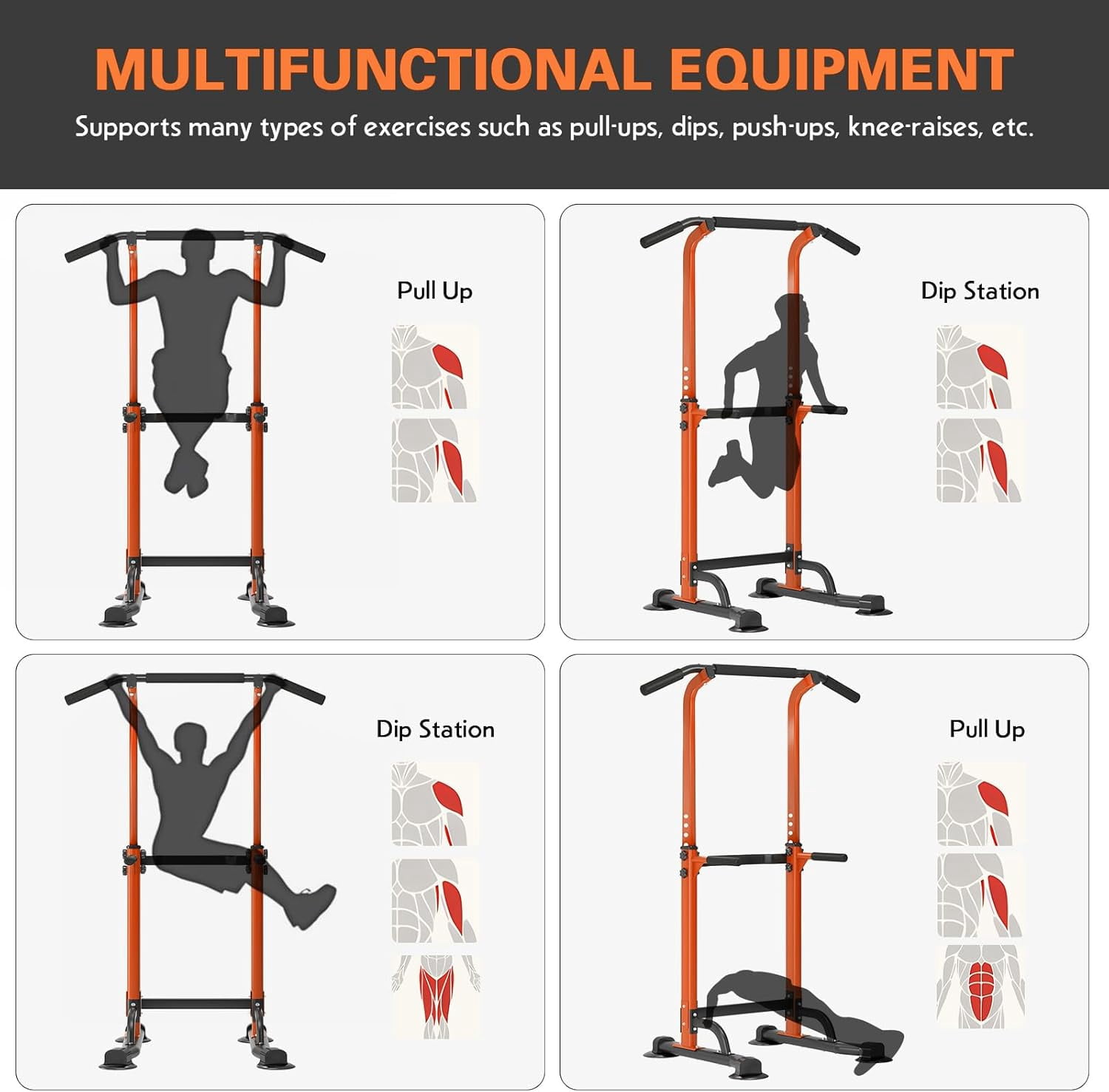 HJTER Power Tower Pull Up Bar Station, Free Standing Pull Up Rack Dip Station for Home Gym, Height Adjustable Home Strength Training Fitness Workout Equipment
