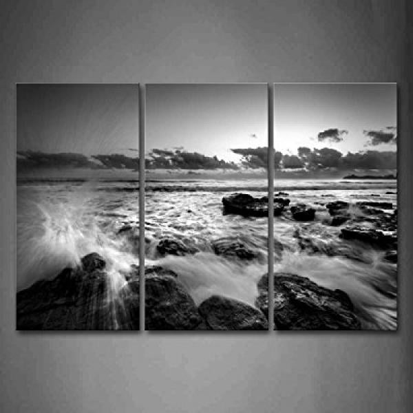Black And White Sea Wave Rush Into Stone Wall Art Painting Pictures