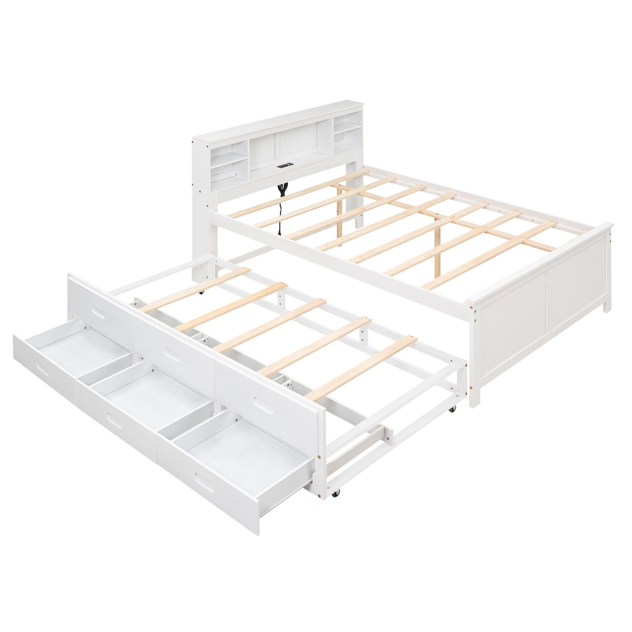 Noble House Nerissa Full Platform Bed with Bookcase Headboard, USB Ports, Extra Trundle and Storage Drawers, White