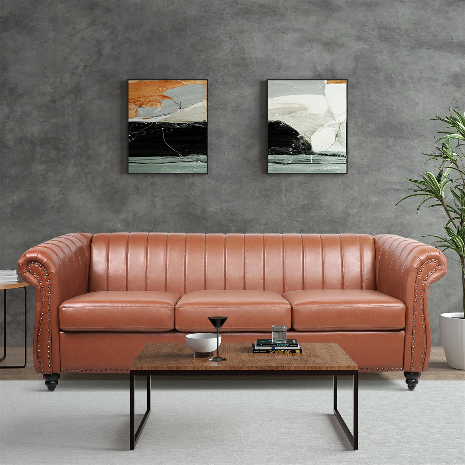 84" Chesterfield Sofa, Modern PU Leather Upholstered 3-Seater Sofa with Scrolled Arms and Nailhead Decoration Oversized Accent Sofa with Padded Cushion & Solid Wood Legs for Living Room, Bronze - Walmart.com