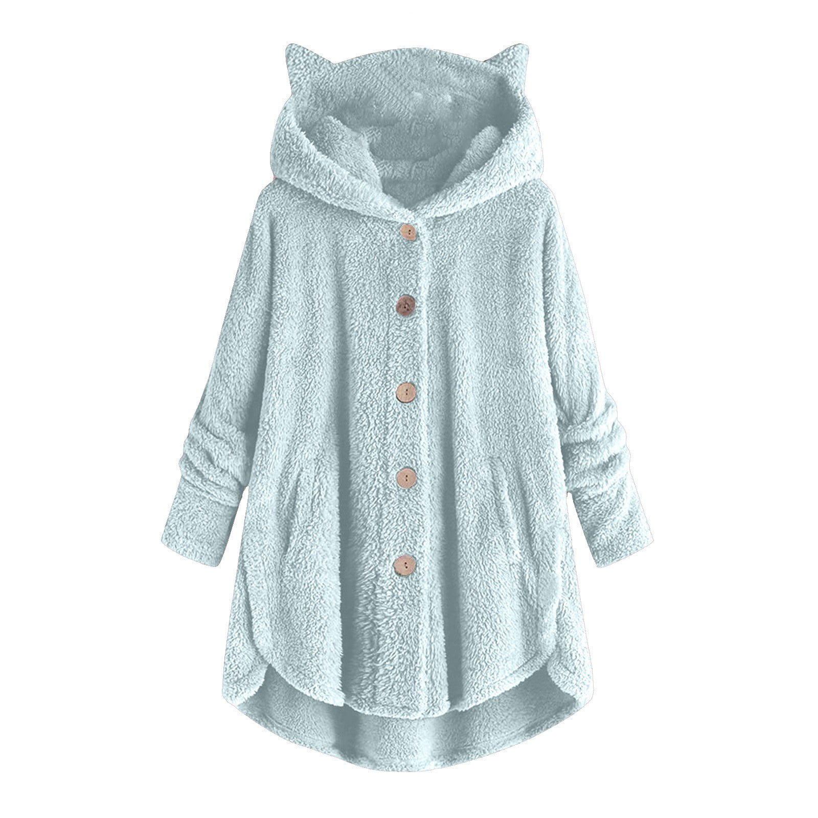 Lady Coat And Velvet Coat Cat Ear Hooded Soild Patchwork Button Autumn