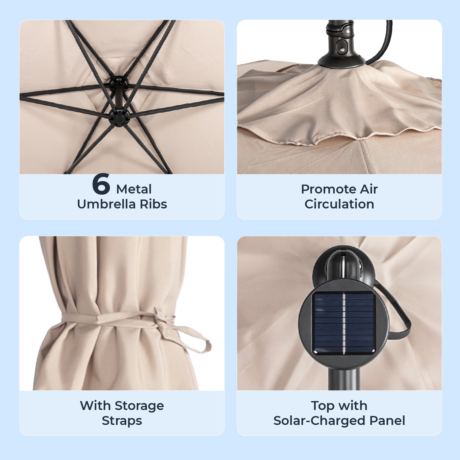 UBesGoo 10 Feet Solar LED Offset Cantilever Hanging Market Patio Umbrella,Easy Crank & Tilt Adjustment, for Garden Deck Pool Patio,Khaki
