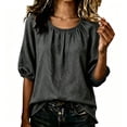 thumbnail image 5 of Craaazy Womens 3/4 Sleeve Blouses Basic Solid Color Round Neck Gathered Neck Elastic Cuff Linen Look Casual Pullover Top for Women Spring Summer Daily Wear, 5 of 6