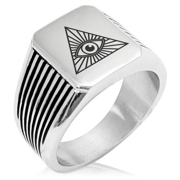 Stainless Steel All Seeing Eye Needle Stripe Pattern Biker Style Polished Ring