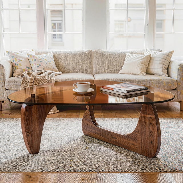 43.3 Inch Coffee Table for Living Room, Mid Century Modern Center Table with Tea-Tinted Glass Top and Walnut Wood Base, Tea-Tinted/Walnut