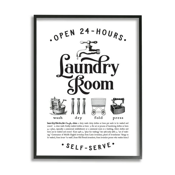 Stupell Industries Vintage Laundry Room Definition Wash Dry Fold Country Painting Black Framed Art Print Wall Art, 11 x 14, Design by Lettered and Lined