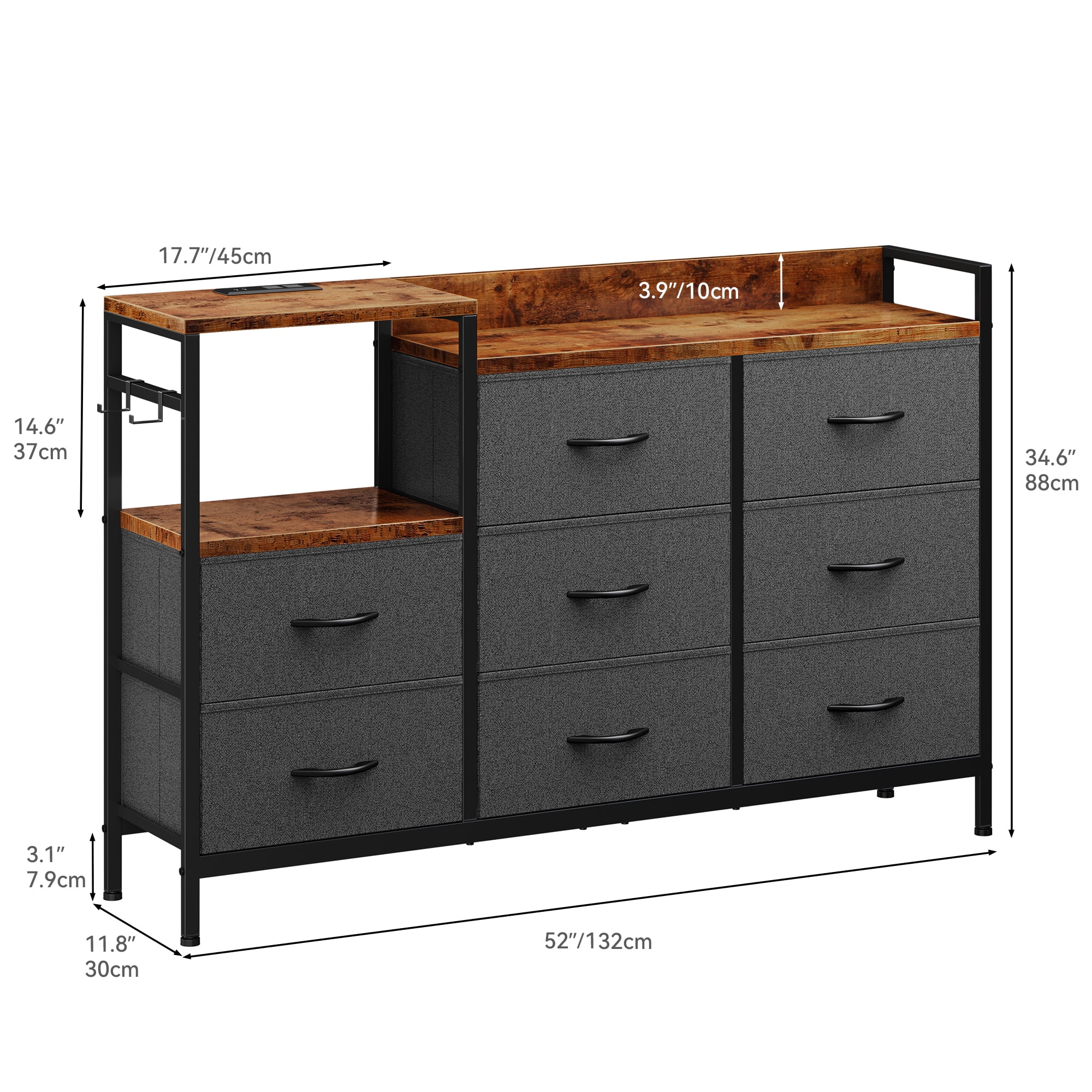 Uforic 8 Drawers Wide Wooden Top Dresser with Charge Station for Closet, Living Room, Hallway, Gray