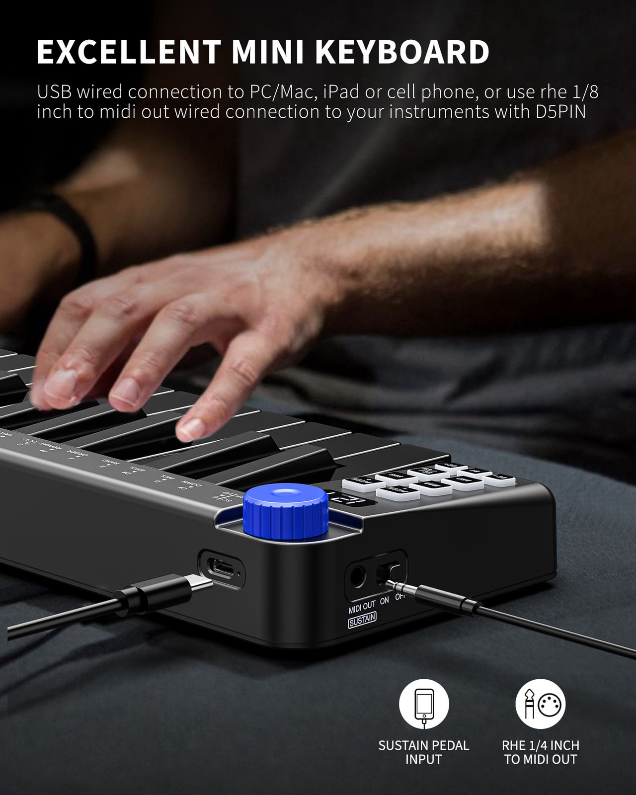 LEKATO Mini MIDI Keyboard 25 Key Bluetooth MIDI Controller 360 Knob Rechargeable