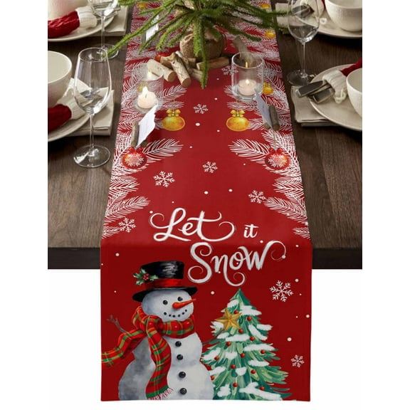 Christmas Table Runner Red Snowman Table Runners Christmas Balls Star Pine Tree Snowflake Cotton Linen Dresser Scarf Kitchen Dining Table Decor for Christmas Holiday Party Decor 13x72 Inch