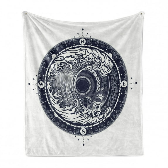 Compass Soft Flannel Fleece Throw Blanket, Sea Navigation with a Drawing of Tempest Inside Big Wave Adventure Journey, Cozy Plush for Indoor and Outdoor Use, 50" x 60", Night Blue White, by Ambesonne