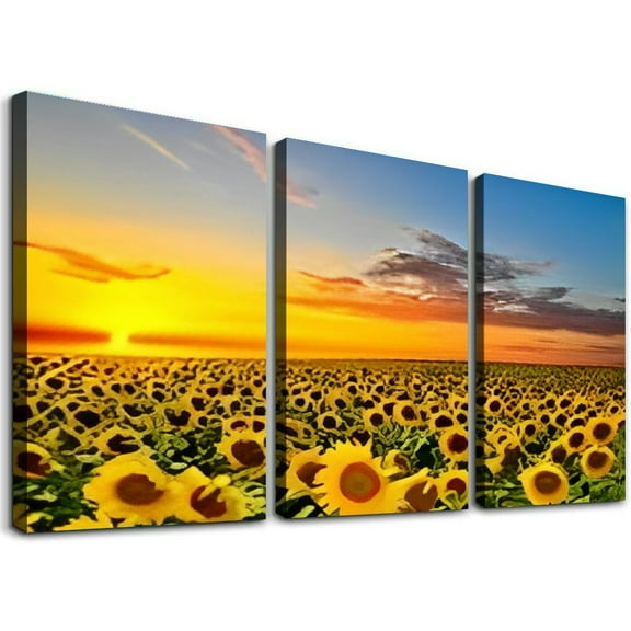 SHANXI Sunflower Canvas Wall Art Sunrise in Field Landscape Picture Print Modern Living Room Decor,Framed Ready to Hang 12"x16"x3pcs