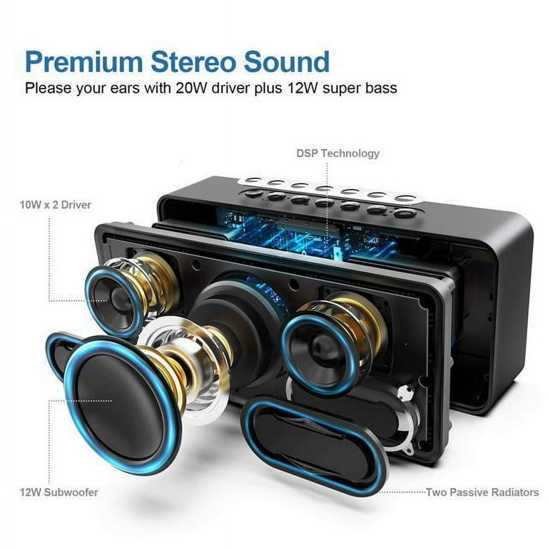 DOSS Bluetooth Speaker, Black, XL 32W, 20W Driver, DSP Tech, 12W