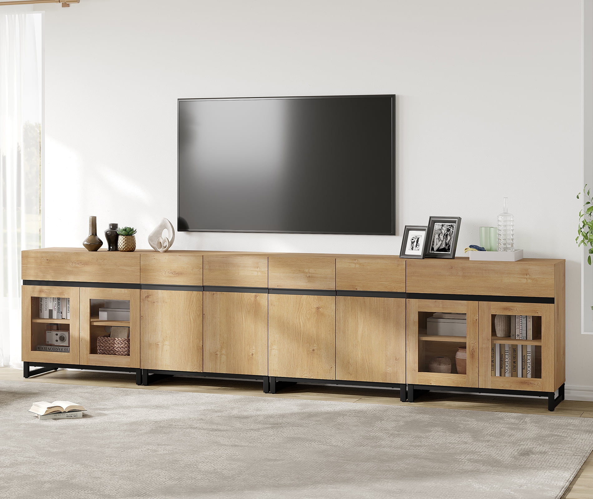 WAMPAT Modern TV Stand for TVs up to 120 inch, 4 in 1 TV Console with Glass Doors and 2 Drawers, Entertainment Center with Adjustable Shelf for Living Room, Bedroom, Oak