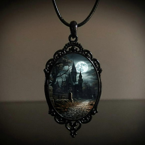 Gothic Retro Castle Cameo Necklace For Women Man Fashion Pagan witchcraft Jewelry Crow Bat Ruin Castle Cameo Rope Chain Necklace