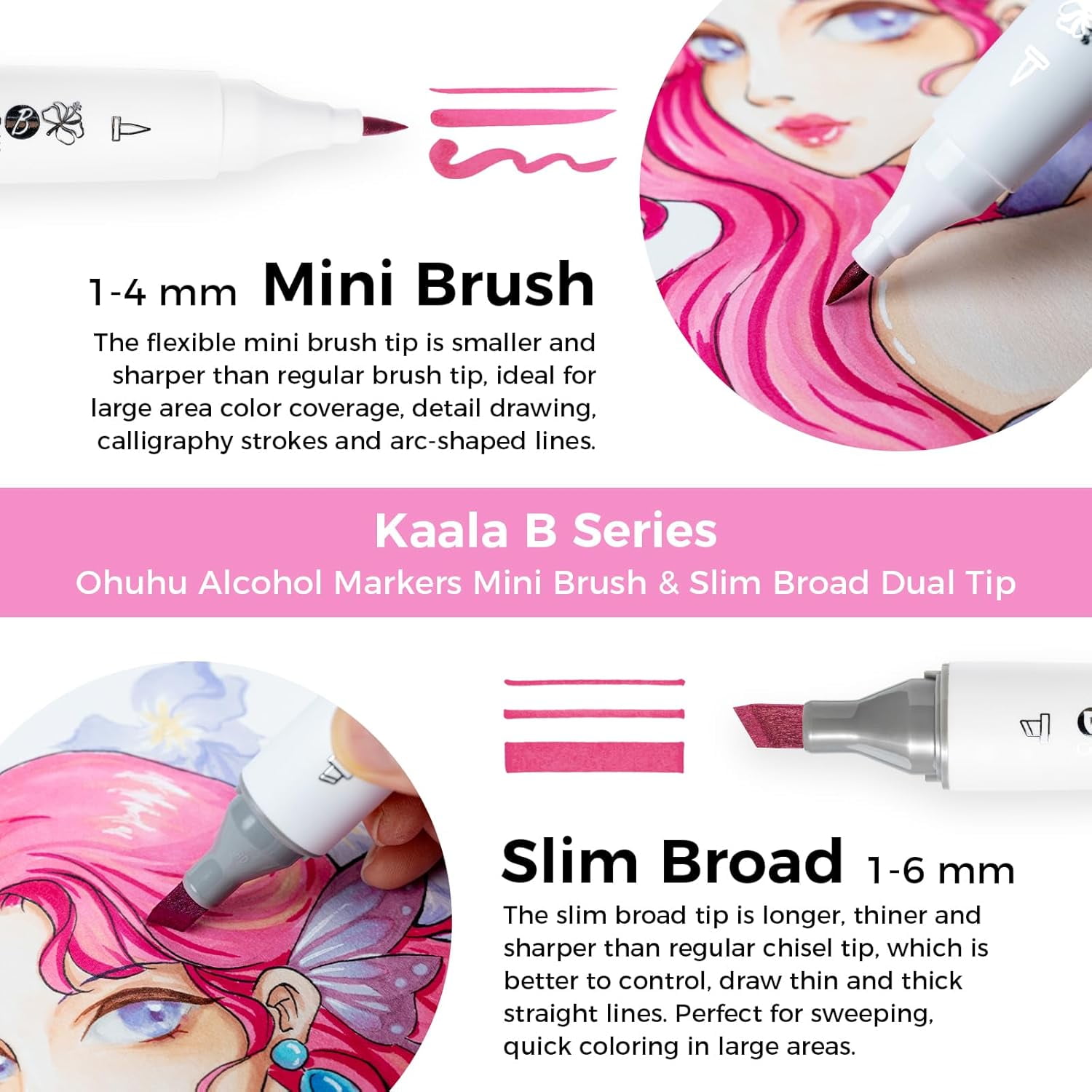 Ohuhu 60 Alcohol Markers, Mini Brush & Slim Broad Dual Tip, Refillable Kaala B Set for Illustration