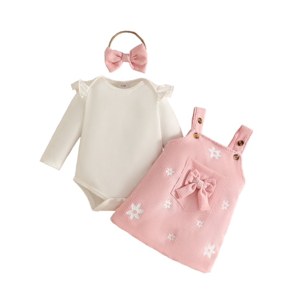 ZHOGXU Baby Girls Snowflake Printed Outfit Long Sleeve Top Suspender Bowknot Skirts Matching Bow Headband 3PCS Set For Kids,Pink,18-24 Months