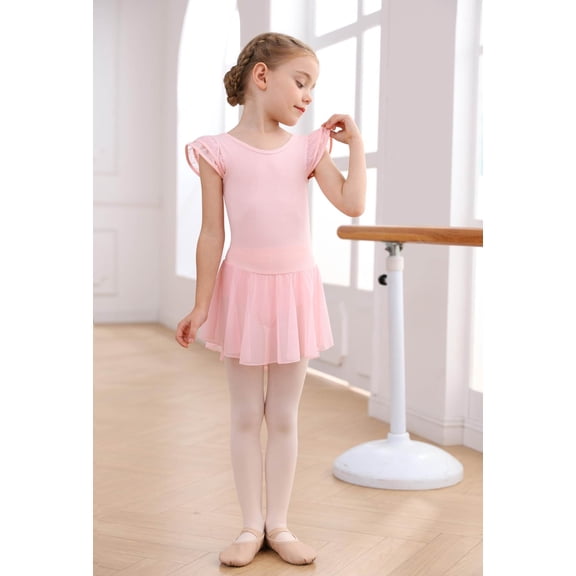 1 Piece Girls Leotard Dress Dance Outfit Flutter Sleeve Hollow Knot Back Skirt Ballerina Costume